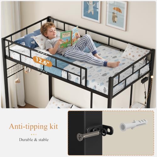 Bunk Bed Twin Over Twin with Desk, L-Shaped Loft Beds with Charging Station, 3 Storage Drawers & Shelves, Bunk Beds with Safety Guardrail & Ladder for Kids/Teens, No Box Spring Needed, Black