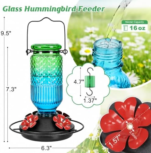 FEED GARDEN Glass Hummingbird Feeder for Outdoors, Leak-Resistant, 16 oz