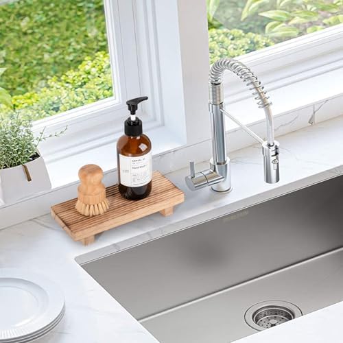 Bathroom Sink Tray Wood Riser Display Kitchen Decor Soap Holder, Brown