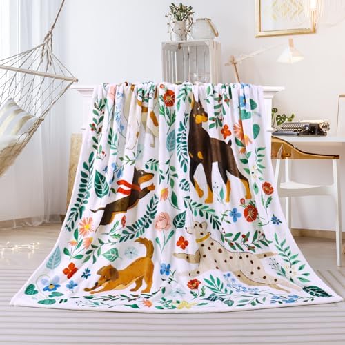 Dog Blanket Ultra Soft Floral Throw Blankets Gifts for Dog Lover Blanket Flower Leaves Flannel Fleece Throw Lightweight Warm Cozy Fuzzy Plus Cabin Blanket for Bed Sofa, 50" X 60"