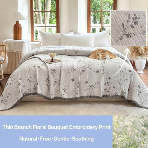 FALUCA Muslin Cotton Throw Blanket Boho Floral Jacquard with Fringe, 50 * 60 Blooms Pattern, Reversible Soft Breathable Cover for Couch Sofa Bedroom Vintage Farmhouse Home Decorative, White&Grey