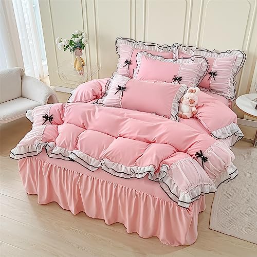 IHOUSTRIY Pink Duvet Cover Queen Size, Ruffle Beddding Set with Bowtie, 3 Pieces Comforter Cover Set with Zipper Closure, Girl Bedding with Pillowcase - Light Pink, Queen