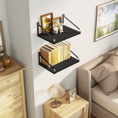 Love-KANKEI Deep Wide Floating Wall Shelves,Solid Wood,16.5"x12",Black