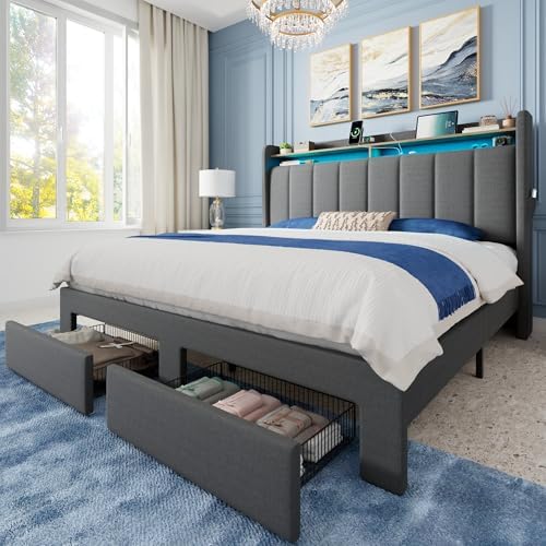 Allewie Queen Bed Frame with 2-Tier Storage Headboard & 2 Large Drawers