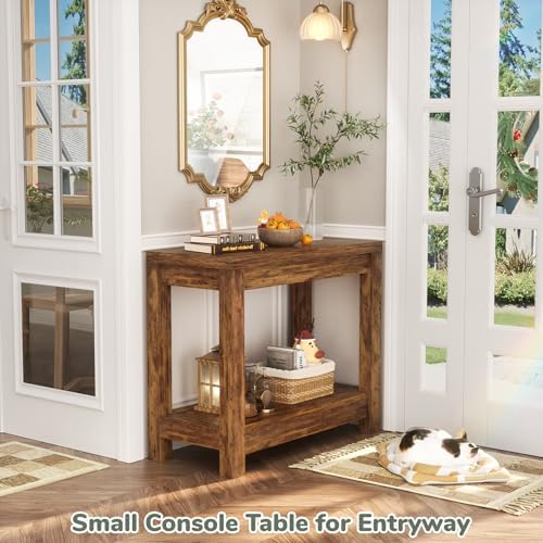 Besiost Farmhouse End Table, Slim End Table with Storage Shelf, Small Console Table for Small Spaces, Rustic Nightstand Sofa Table for Living Room, Bedroom, 24", Rustic Brown