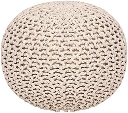 · REDEARTH · Round Pouf Ottoman - Hand Knitted Boho Poof Footrest - Ivory