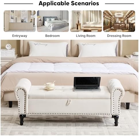 Storage Bench for Bedroom, 51" Upholstered End of Bed Bench, Velvet Queen Size Benches with Rolled Arms, Tufted Button Storage Long Ottoman, Living Room, Entryway, Beige