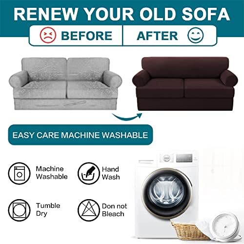 Turquoize 3 Piece T Cushion Sofa Slipcovers Stretch Couch Cover Furniture Covers with 2 Individual T Cushion Covers, Machine Washable (2 Cushion Sofa, Brown)