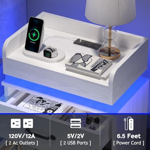 4ever2buy White Nightstand with Charging Station and LED Lights