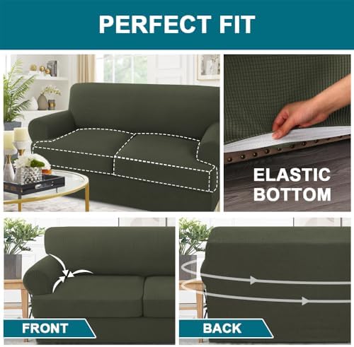 Turquoize 3 Piece T Cushion Sofa Slipcovers Stretch Couch Cover Furniture Covers with 2 Individual T Cushion Covers, Machine Washable (2 Cushion Sofa, Olive)