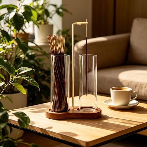 Incense Holder, Hang Upside Down Incense Sticks Burner Holder Storage with Glass Ash Catcher,Ideal Gift (Brown)