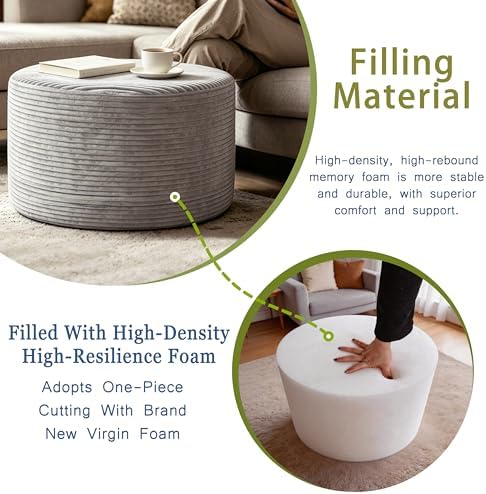 Thgonwid Round Ottoman Pouf, Corduroy Foot Rest Stool, 20x14In, Light Grey