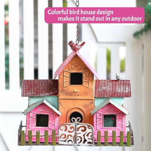 Large Bird Houses for Outside Hanging, Metal Bird Houses for Outside with 5 Compartments for Birds to Nest in, Durable Colorful Bird House 10 Hole Birdhouses for Outdoors Hanging