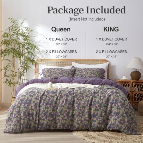 Purple Duvet Cover King Double Gauze Cotton Farmhouse Jacquard Green Floral Duvet Cover with 2 Bowknot Pillowcases Rustic Style, Breathable for a Cozy Home Atmosphere