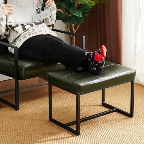 Glitzhome Ottoman Bench Pack of 2, Modern PU Leather Vanity Stools Chairs with Metal Frame, Makeup Stool Padded Foot Rest Stool for Living Room Vanity, Entryway, Bathroom,Green