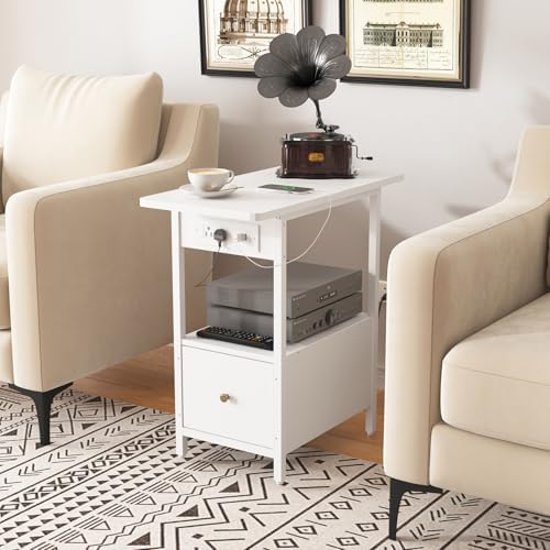 LIDYUK End Table with Charging Station, Narrow Side Table with Drawer