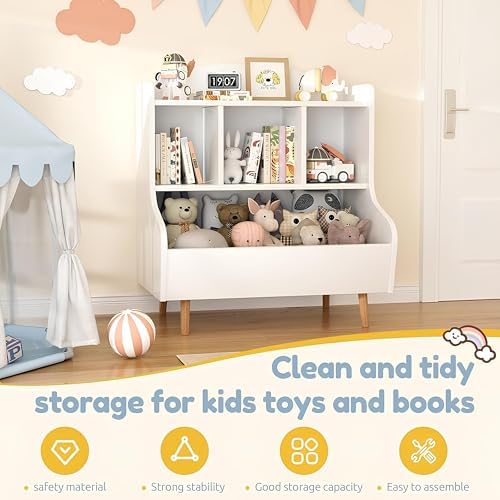 Kids Bookshelf and Toy Storage Organizer, Montessori Nursery Book Shelves with 3 Tier Sling Rack & Fabric Toy Bins, Children Toddler Baby Bookshelf, Wooden Toy Shelf for Kids Room Playroom (Pearl)