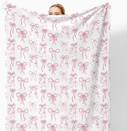 Pink Bow Throw Blanket for Couch, Girly Room Decor Aesthetic, Coquette Pink Ribbon Bow Throw Blanket for Girls Bedroom Dorm Living Room Home Decoration, 50x60 Inches