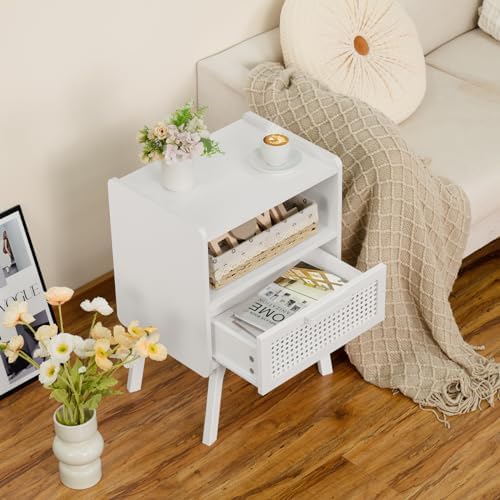 Lerliuo Rattan Nightstands Set of 2, Side Table with Drawer Open Shelf