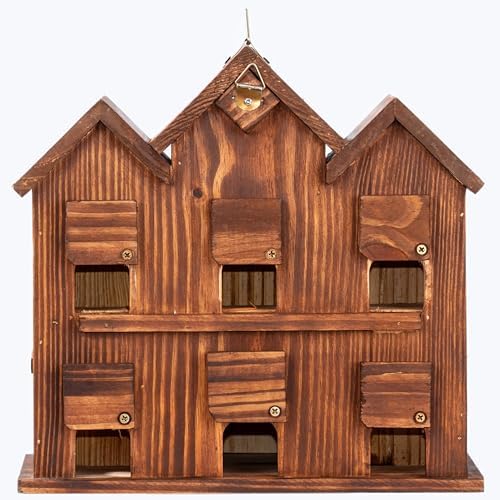 MIXUMON Bird House Outdoor with Feeder, 6-Room Wooden Birdhouse for Outdoors & Outside, Carbonized Pine Wood Bird Houses with 1.57” Entrance & Easy Clean-Out Doors (Natural Wood Door)