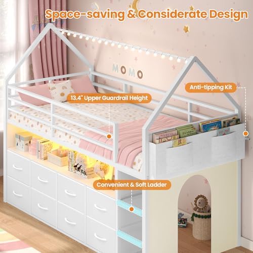 Low Loft Bed Twin Size with 8 Storage Drawers, LED House Loft Bed