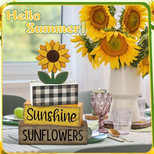 Yuntau 4 Pcs Sunflower Decorations, Wooden Block Sign Tiered Tray Decor