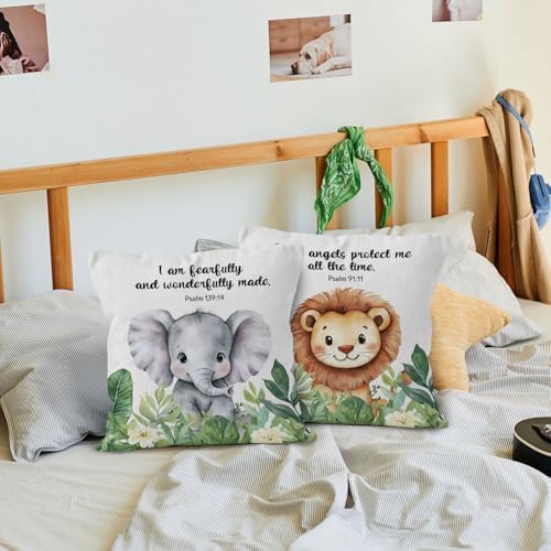 Christian Animal Nursery Throw Pillow Cover 18x18, Bible Verse Lion Elephant Decorative Pillow Covers for Kids Nursery Room Bedroom Playroom, Religious Accent Pillows Cover Pillowcases, Set of 2