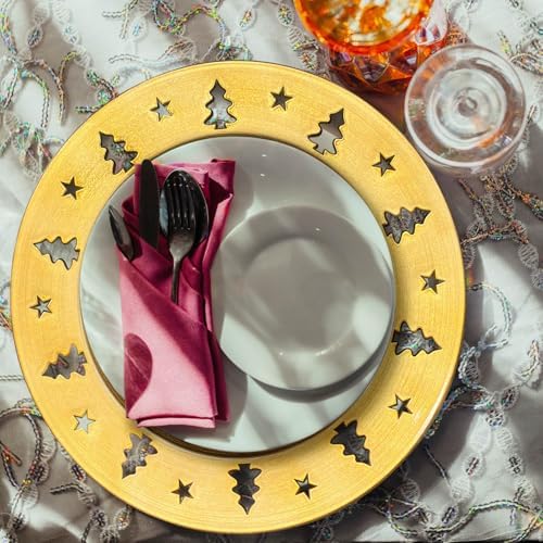 Gold Christmas Tree Charger Plates - 13" Reusable Openwork Holidays Party Decorations Round Chargers for Dinner Plate - Elegant Table Setting Centerpieces 6 Pack