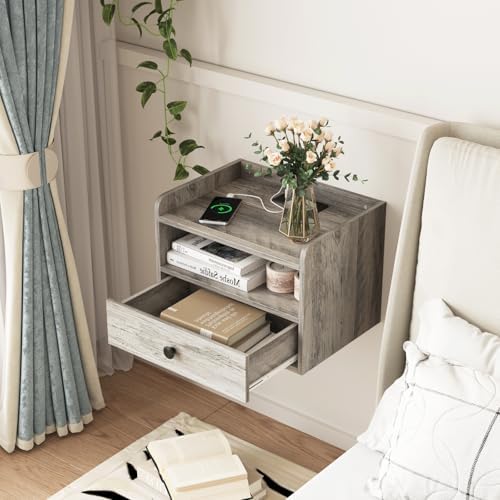 Floating Nightstand Set of 2 Modern Night Stands with Drawer and Open Shelf
