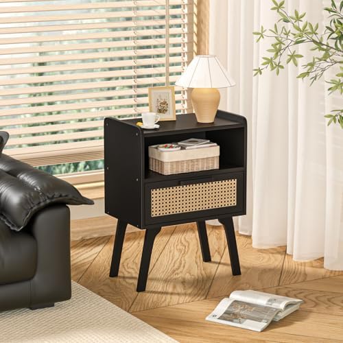 Lerliuo Rattan Nightstands Set of 2, Bedside Table with Drawer Open Shelf