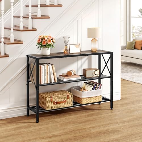 Hoctieon Industrial Console Table, 3 Tier Entryway Table, Hallway Table, Narrow Sofa Table with Shelves, Entrance Table for Entryway, Living Room, Foyer, Office, Grey