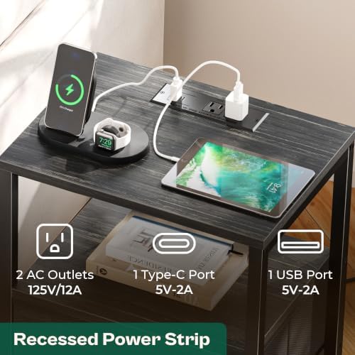 Huuger Nightstand with Charging Station, Side Table with Fabric Drawers
