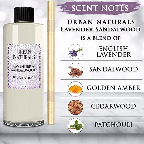 Urban Naturals Reed Diffuser Oil Refill Lavender Sandalwood with Golden Amber, Exotic Woods, Patchouli 8 oz + Free Reed Sticks, Made in the USA