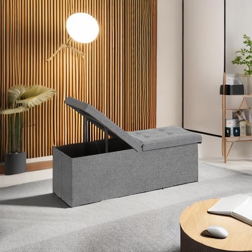 SONGMICS 43.3 Inches Storage Ottoman, Foldable Bench with Flipping Lid