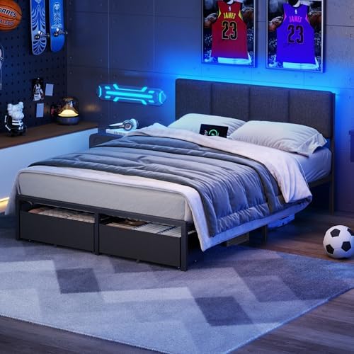 Furnulem Full Size Bed Frame with Upholstered Headboard & 2 Storage Drawers