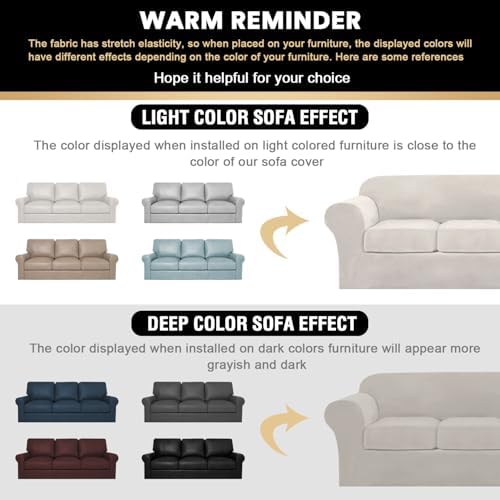 PrinceDeco Velvet Couch Covers for Sofa Soft 4 Pieces Couch Covers for 3 Cushion Couch Sofa Pet Friendly Furniture Protector with Non Slip Elastic Bottom Width Up to 90 Inch(Large, Oatmeal)