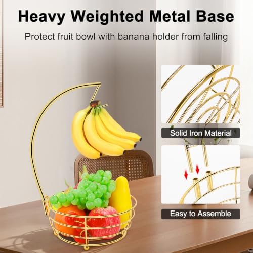 Livabber Countertop Fruit Basket Bowl with Banana Hanger, Modern Standing Fruit Vegetable Bowl Storage, with Banana Tree Holder for Kitchen Dinning Table (Round Metal, Gold)