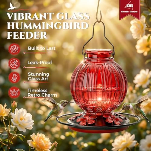 2 Pack Glass Hummingbird Feeder for Outdoors Hanging, Bird Nectar Feeder with Perch & 5 Flower Feeding Ports, 26 Oz Leak Proof for Outside Garden Decor Backyard, Gifts for Women Mom, Red + Orange Red