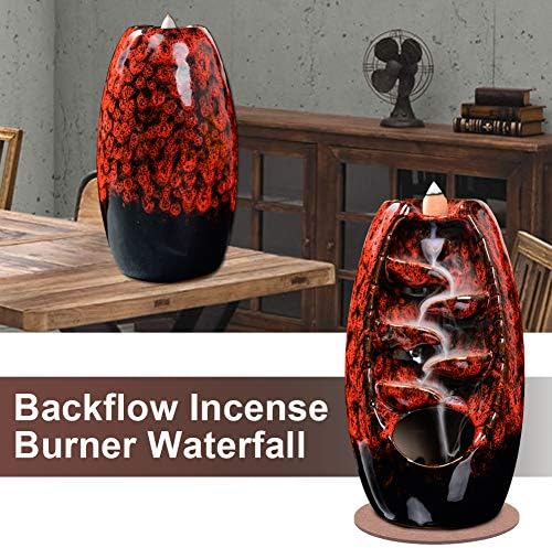SPACEKEEPER Ceramic Backflow Incense Holder Waterfall Incense Burner, Red