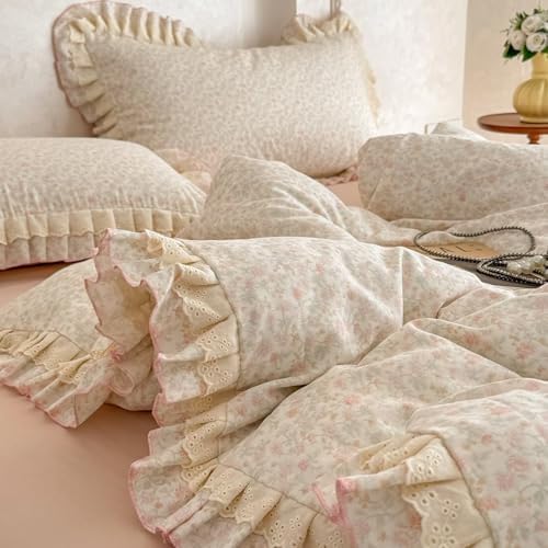 BuLuTu French Cottage Pink Floral Duvet Cover Twin, Lace Bedding Set for Teens Girls Ruffled Duvet Cover, Soft Breathable Muslin Cotton Comforter Cover with Zipper Closure, 4 Ties