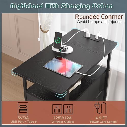 sthmec End Table with Charging Station, Narrow Side Table with 2 Drawers, LED Nightstands with Drawers, USB Ports & Power Oulets,Slim Sofa Side Tables for Small Spaces,Living Room,Bedroom, Black