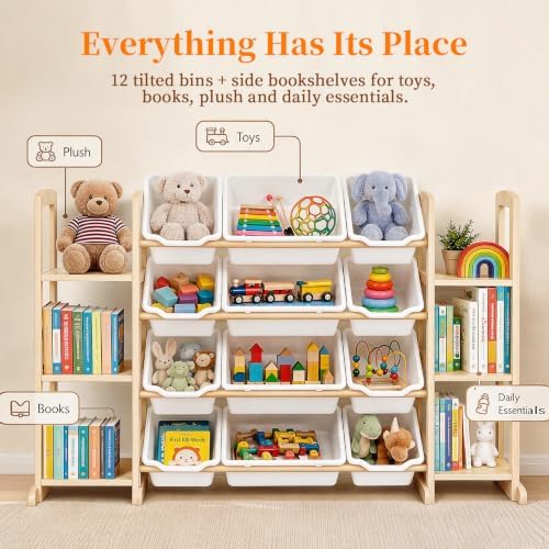 Toy Storage Organizer with Bookshelf – Wooden Toy Organizer with 12 Toy Bins & 6 Tier Bookcase,Quick Assembly Kids Bookshelf,Toy Bin for Playroom, Bedroom, Nursery– White