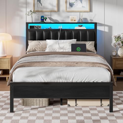 Furnulem Black Full Size Bed Frame with Charging Station & LED Lights