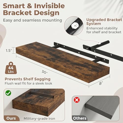 30 Inch Floating Shelves for Wall, 8"D Wood Storage Shelves, Brown Finish