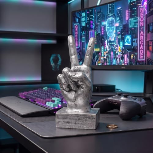 Nice purchase Hand Finger Gesture Desk Statues Fingers Sculpture Creative Home Living Room Cabinet Shelf Decoration (Victory Gesture in Silver)