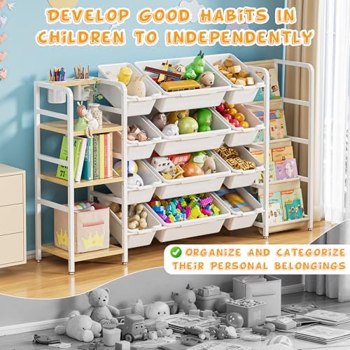 Toy Storage Organizer with 4-Tier Bookshelf, 57" Extra Wide Kids Toy Storage Shelf with 12 Bins, Large Metal Kids Bookcase for Playroom Organization and Nursery Room Decor, White