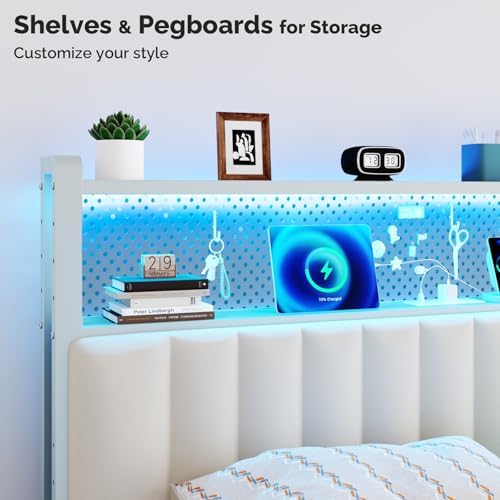 VINGLI King Size Headboard for Bed,Upholstered Headboards with Storage, Charging Stations and LED Lights, 2 Tier Shelves and Pegboard, Modern Bed Head Board, Adjustable Height, White