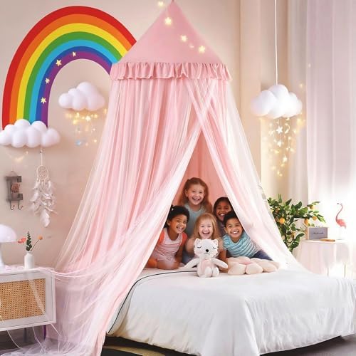 Kertnic Princess Bed Canopy for Girls, Double Layer Round Bed Mosquito Net, 31.5" Large Dome Indoor Castle Bed Tent, Sleeping & Reading Nook Curtain for Boys Girls (Beige Pink)