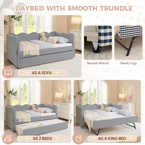 Twin Size Daybed with Pop Up Trundle, Linen Gingham Twin to King Daybed with USB Ports, Upholstered Day Bed Frame, Modern Sofa Bed for Bedroom/Living Room/Guest Room, No Box Spring Needed, Navy