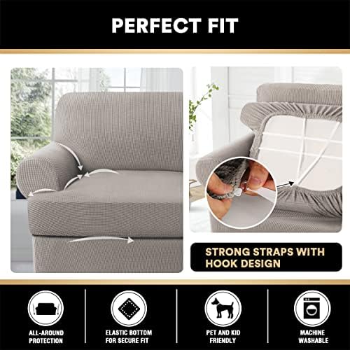 PrinceDeco T Cushion Sofa Slipcover 4 Pieces Sofa Covers for T Cushion Couch Soft Sofa Slip Covers Furniture Protector with 3 Individual T Shape Seat Covers Width Up to 88 Inch, Taupe